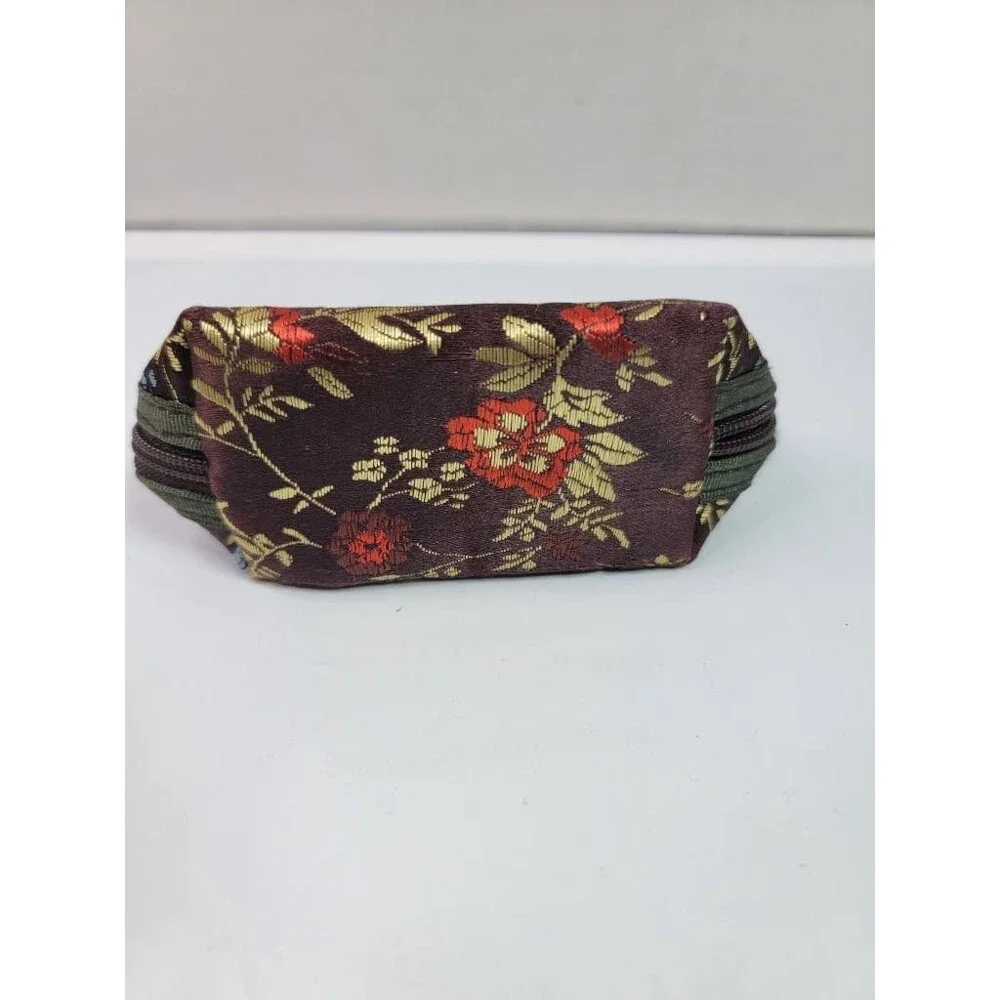 Vintage Asian Brocade Floral Coin Purse Brown Gold Small Zippered Makeup Pouch
